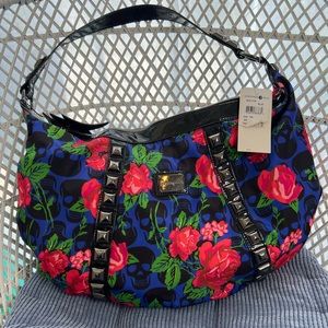 Betsey Johnson Blue Floral Skulls large shoulder bag
